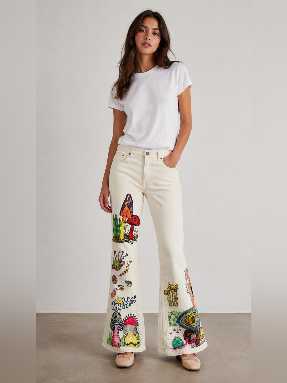 Mango Hand-painted white flare jeans